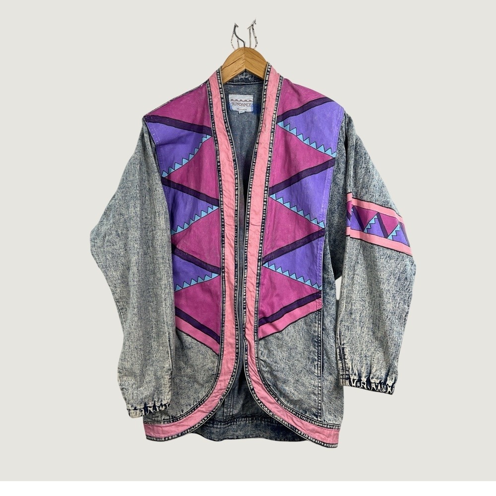 Sundance Denim Jacket Womens Small Blue Acid Wash Hand Painted Southwestern 80s